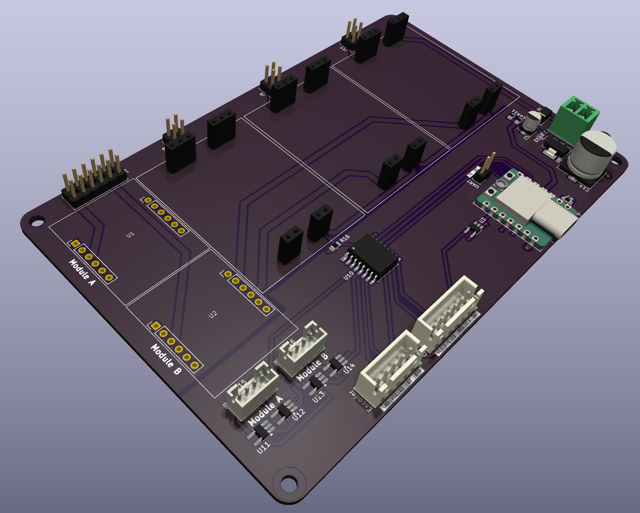 Render of a carrier board for 3 amplifier modules and 2 volume control modules